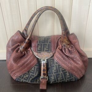 Authentic FENDI Spy bag brown monogram canvas, exotic and soft nappa leather